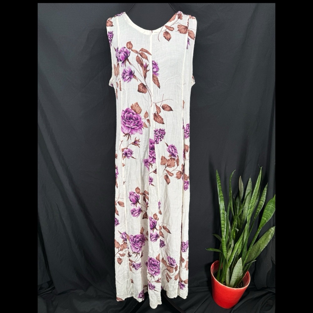Vtg 90s Nostalgia Floral Maxi Dress L Cottage Boho Romantic Tie Back Gauzy Rayon
